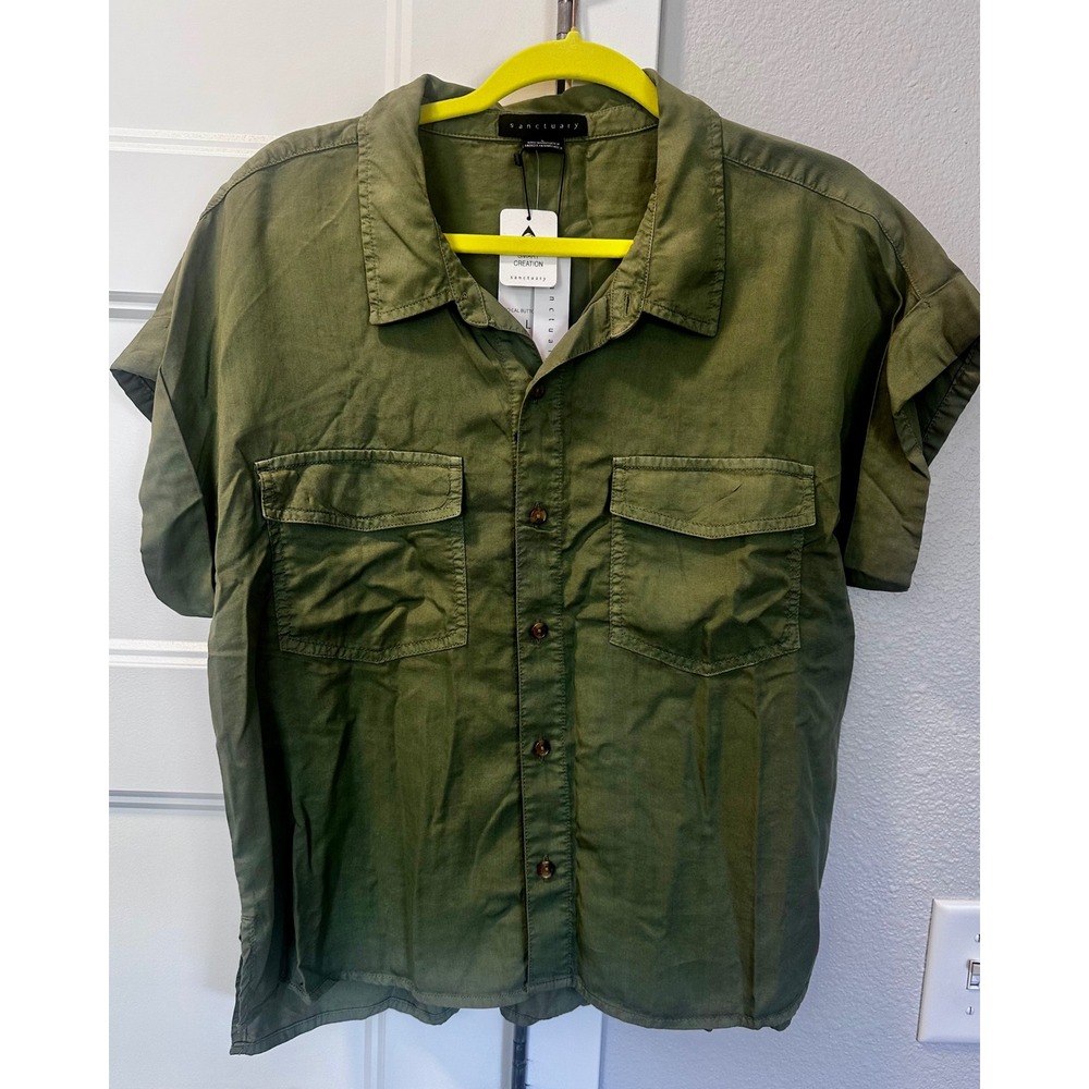 Sanctuary So Cal Button Down Shirt Olive Green Utility Short Sleeve NWT Size L - Picture 2 of 8
